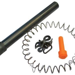 Set of mechanical parts: a long black cylindrical rod, a large metal coil spring, a black clamping piece, and an orange plastic plug/pin laid out on a white background.