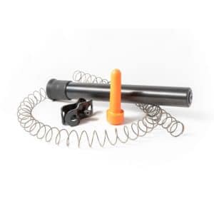 Orange actuator/push knob with a long gray cylinder and a spiraled metal spring, plus small black mounting brackets on a white background.
