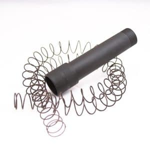 Black cylindrical tool with a large spiral metal spring wrapped around its outside edge.
