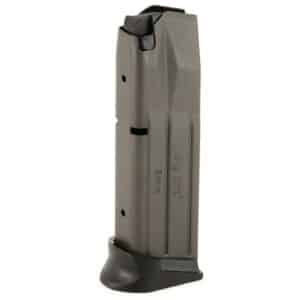 9mm SIG P320 pistol magazine with a black base plate, standing upright on a white background