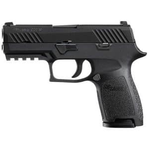 Profile view of a black semi-automatic handgun with a textured grip and rail system on the slide