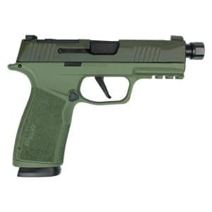 Olive-green semi-automatic pistol with a black slide and textured grip photographed in profile.