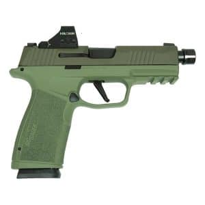 Olive green semi-automatic pistol with a mounted Holosun sight and textured grip