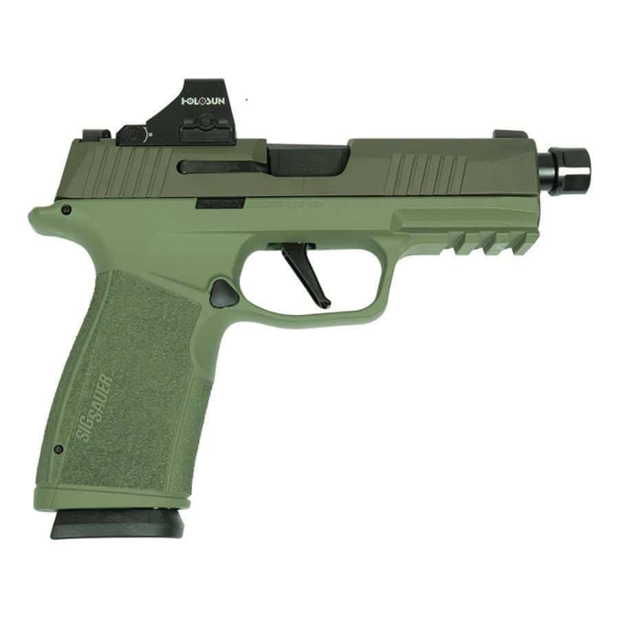 Olive green semi-automatic pistol with a mounted Holosun sight and textured grip