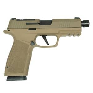 Tan semi-automatic handgun shown in a left-side profile, with textured grip and rail under the barrel.