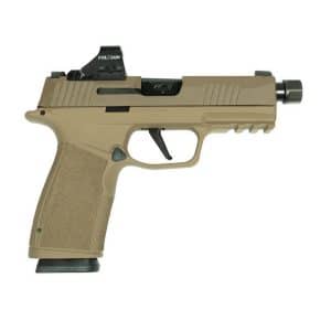 Desert-tan semi-automatic handgun with a compact red-dot sight mounted on the slide, side view