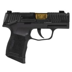 Black compact semi-automatic pistol with textured grip and a gold-colored slide (side view).