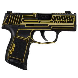 Black Sig Sauer pistol replica with yellow accent lines and textured grip, shown from the side.