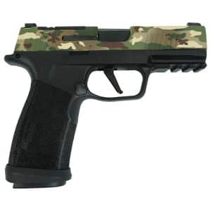 Black semi-automatic handgun with a camouflage-pattern slide and textured grip, shown in profile.