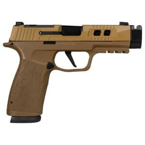 Tan semi-automatic pistol shown in side profile, with a polymer grip and black slide markings, labeled SIG Sauer on the grip.