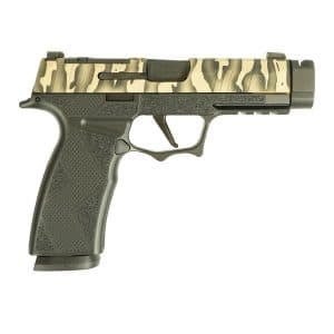 Side view of a semi-automatic pistol with desert camouflage slide and olive grip.