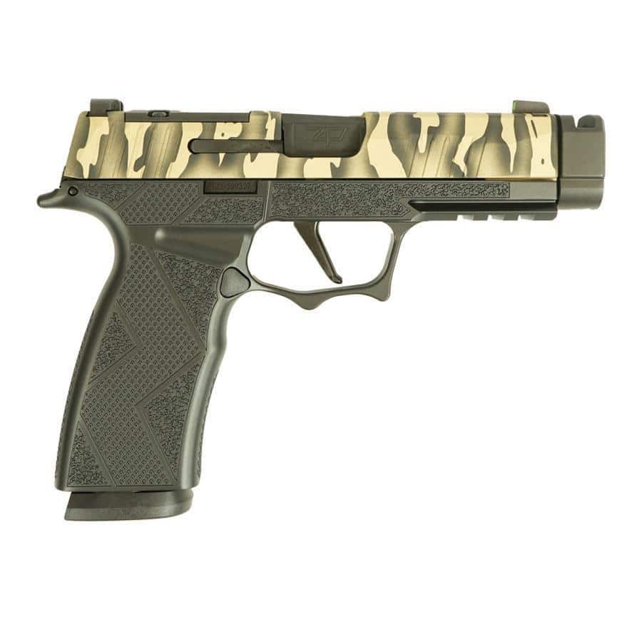 Side view of a semi-automatic pistol with desert camouflage slide and olive grip.