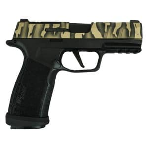 Side view of a black semi-automatic pistol with a tan camouflage-pattern slide and textured grip