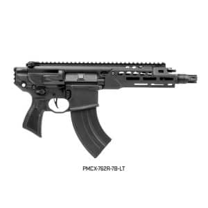 Black assault rifle with top rail, perforated handguard, pistol grip, and curved magazine; model PMC X-762R-7B-LT.