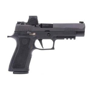 Left-side view of a dark gray compact semi-automatic pistol with a mounted red-dot sight on top.