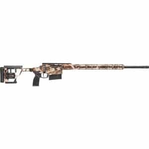 Assault rifle with tan desert camouflage, black stock, and a long patterned handguard with a detachable magazine in place.