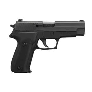 Side view of a black semi-automatic pistol with 9mm x 19 markings on the slide.