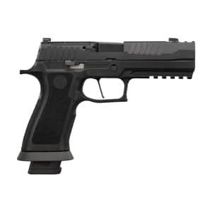Side view of a black semi-automatic handgun with textured grip and an extended magazine, shown from the left.