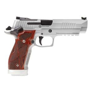 Semi-automatic pistol with a silver slide and brown textured grip, labeled SIG Custom Works (side view).
