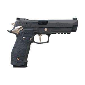 Side view of a black semi-automatic pistol with a textured grip and accessory rail (left profile). With tan colored trigger and hammer accents.