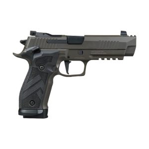 Side view of a dark gray semi-automatic pistol with a textured grip and accessory rail on the frame's underside.
