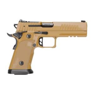 Tan semi-automatic pistol in profile view with textured grip and black controls (9mm).​