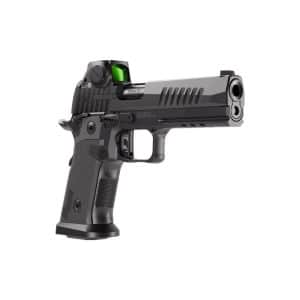 Black semi-automatic handgun with a green optic sight mounted on top, seen in profile.