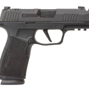 Black SIG Sauer semi-automatic pistol in left-side profile, visible trigger guard and textured grip.