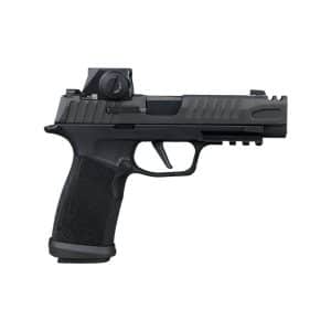 Semi-automatic handgun with a mounted red-dot sight and textured grip, shown in profile