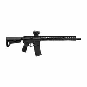 Black AR-style rifle with adjustable stock, pistol grip, and long rail system on a white background.