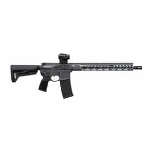 Black AR-15 style rifle with collapsible stock, quad-rail handguard, and top-mounted optic.