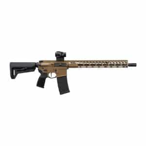 Tan and black semi-automatic rifle with adjustable stock, pistol grip, long modular handguard, and mounted optic on top rail (AR‑15 style)