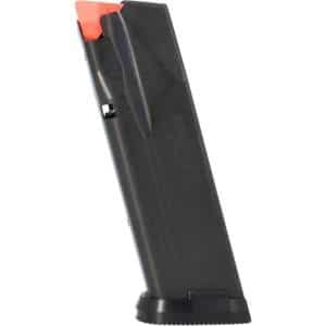 Black handgun magazine with an orange follower and textured base plate, standing upright.