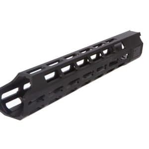Black modular rifle handguard with multiple rectangular cutouts along its length (foregrip rail).