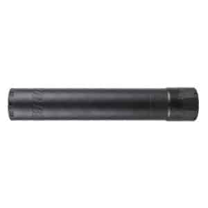 Long black cylindrical firearm accessory resembling a suppressor with a textured end cap and threaded mounting section on the right