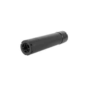 Black cylindrical firearm suppressor (silencer) shown at an angle with textured rear and front caps