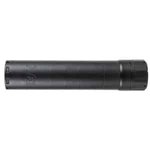 Black rifle suppressor (silencer) with threaded end cap shown from the side on a white background