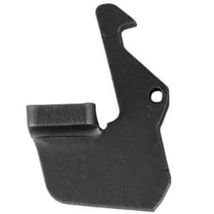 Black metal irregular lever-like machine part with a curved hook and a circular mounting hole; appears to be a small linkage component.