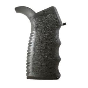 Black textured pistol grip with ergonomic finger grooves for a handgun.