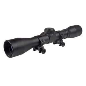 Black rifle scope with mounting rings and adjustment turrets, shown in side view on a white background