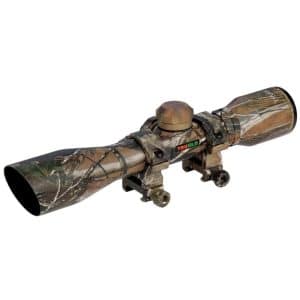 Camouflage hunting rifle scope with two mounting rings and adjustment turrets
