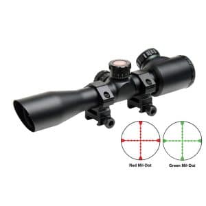 Black rifle scope with adjustable turrets and two reticle diagrams showing red and green mil-dot crosshairs at the eyepiece area.