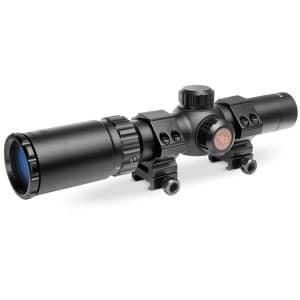 Black rifle scope with two mounting rings and adjustment turrets on a white background