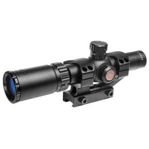 Black rifle scope with elevation turret mounted on a rail, featuring a two-piece mounting base and side knobs for adjustments.