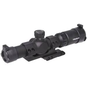 Black riflescope mounted on a rail with adjustment knobs and lenses visible