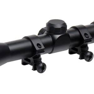 Black rifle scope with mounting rings and a duplex crosshair reticle (3-9x40)
