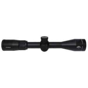Black rifle scope with adjustment turrets and lens bells, branded TruGlo, laid horizontally.
