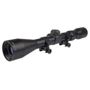 Black rifle scope with mounting rings and adjustment turrets, shown in a side profile for precision aiming use on a firearm.