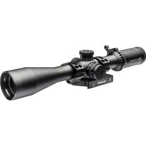 Black rifle scope with adjustable turrets and mount, used for aiming at targets.