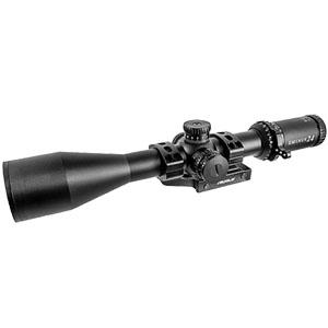 Telescopic rifle scope with adjustable turrets, mounted on a rail